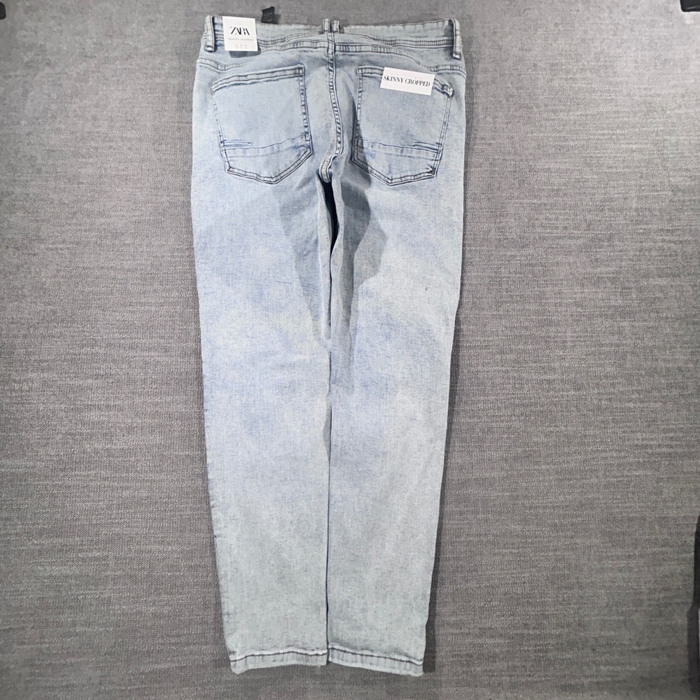 Zara Skinny Cropped Jeans Mens 32 Light Wash Blue NEW Distressed Ripped Tapered